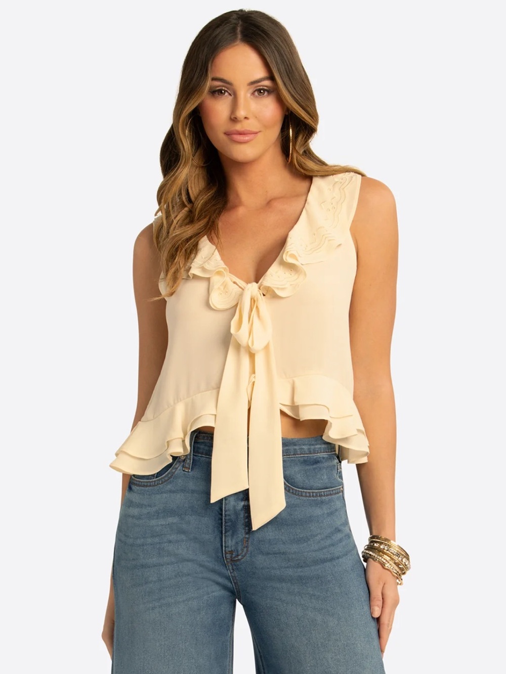 Jessica Simpson Trea Ruffle Tie Top In Whitecap Gray